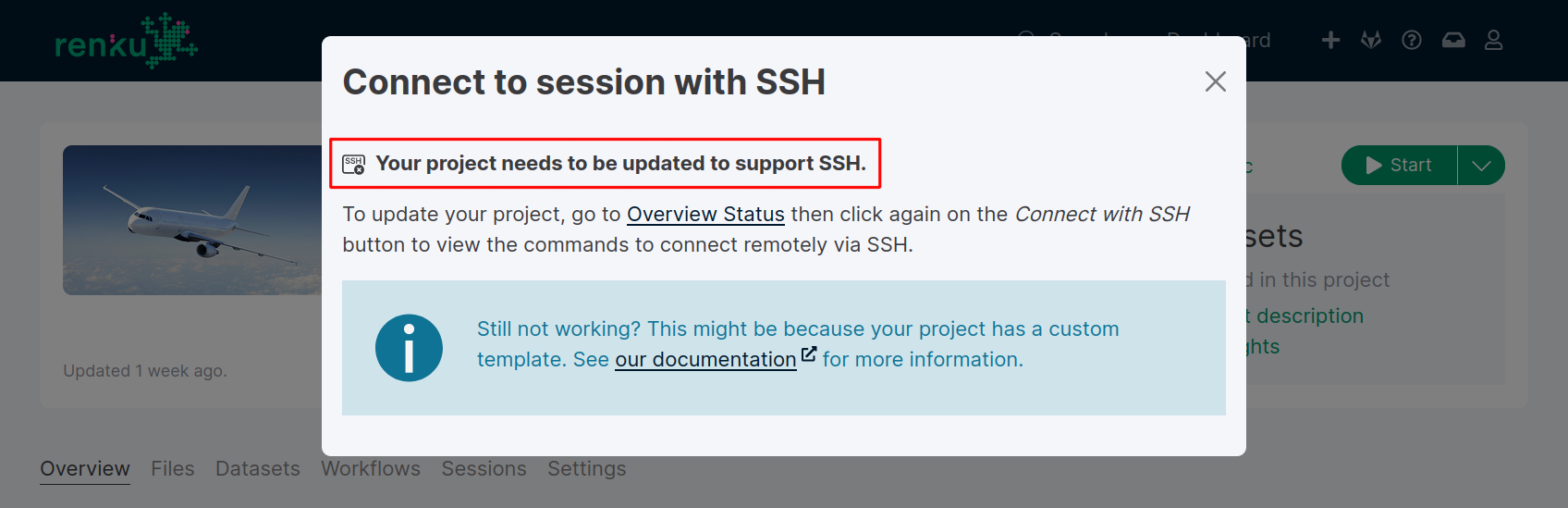 SSH modal for a project with no support.