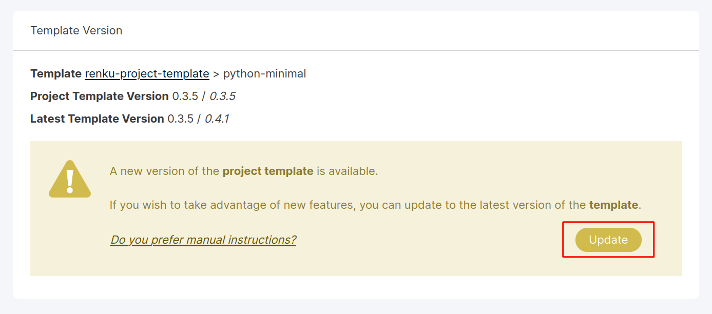 Project status page showing a new template available.